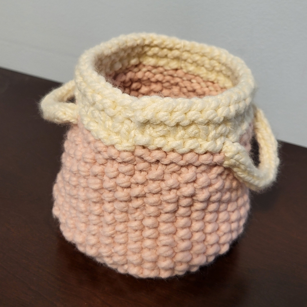 Hand Crafted Knit Cream and Pink Basket With Handles 6 Inch X 6 Inch